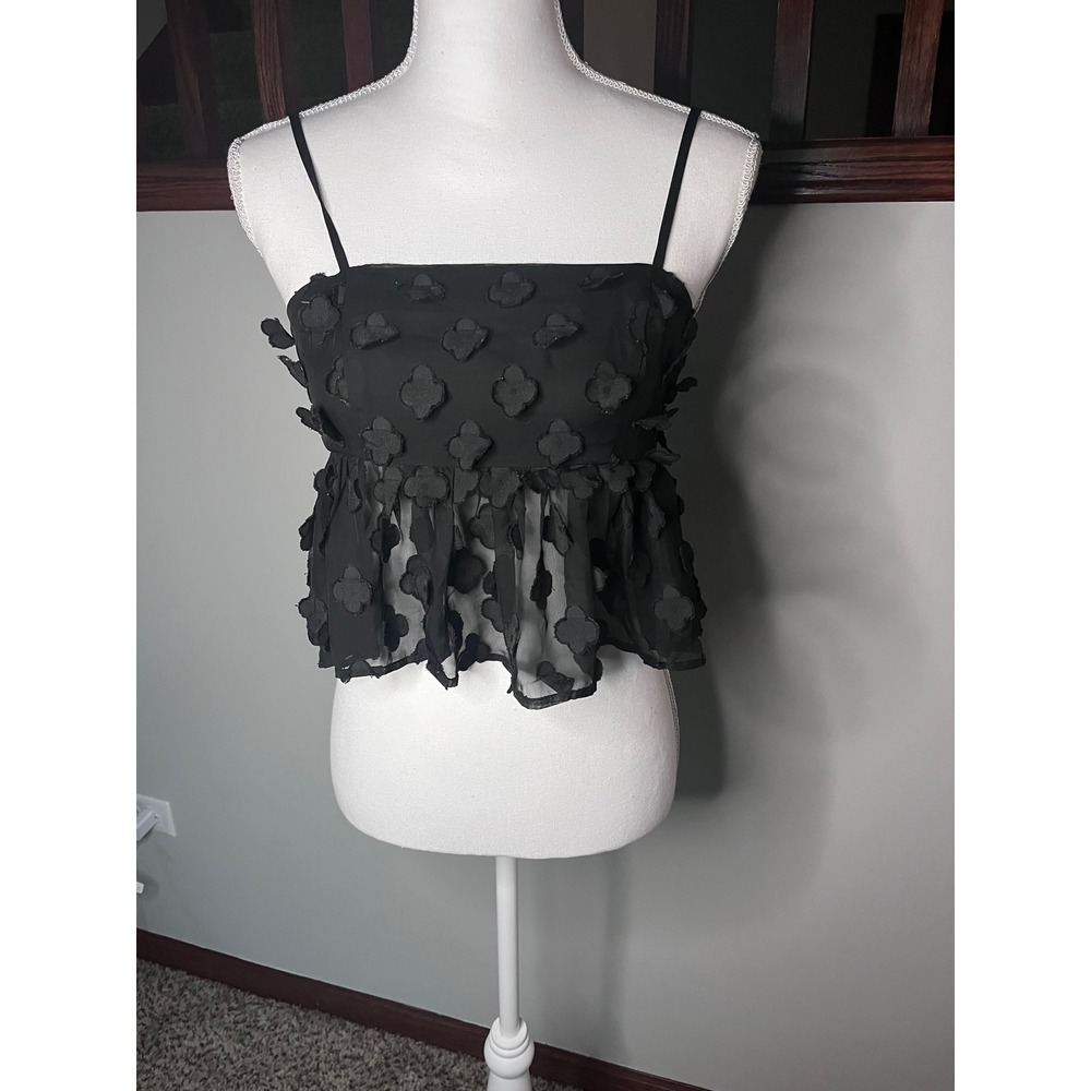 Storia Black 3D Floral Applique Peplum Cami Crop Top Small Back Zip Strappy